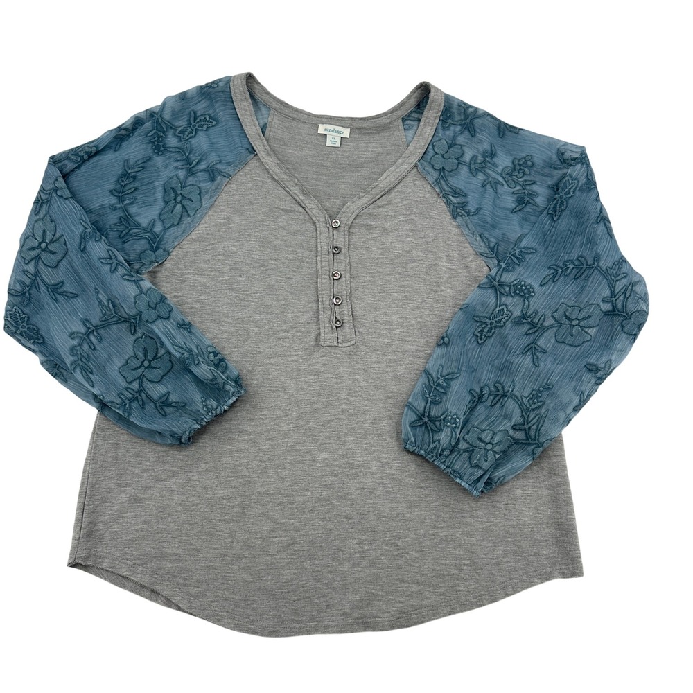 Sundance Gray Henley with Blue Floral Sheer Sleeves